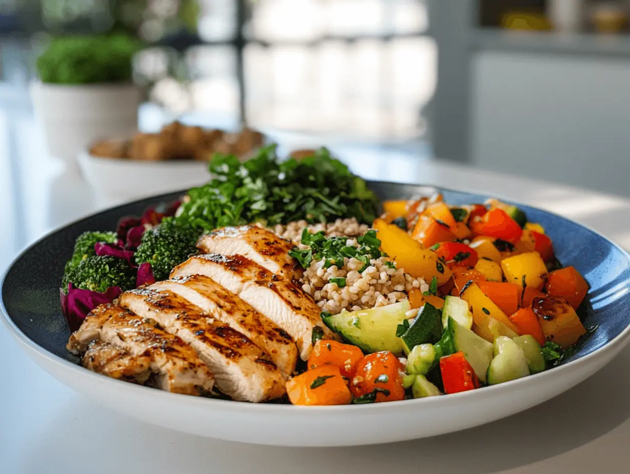 Grilled chicken with vegetables, greens, and grains for a healthy meal.