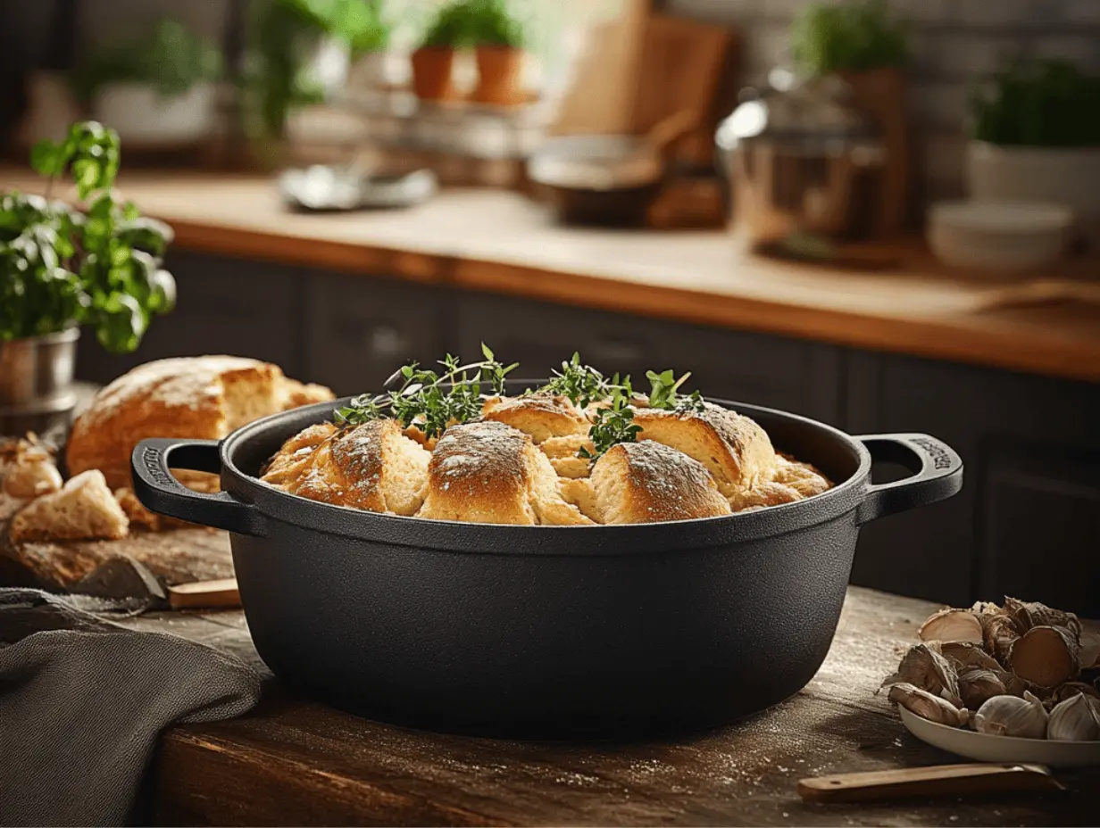 Fresh bread rolls in a cast iron pot with herbs on a rustic kitchen counter.