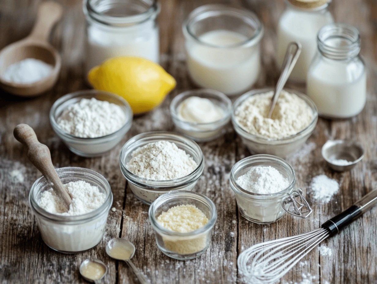 Assorted baking ingredients on a wooden table, including flour, lemon, and milk.