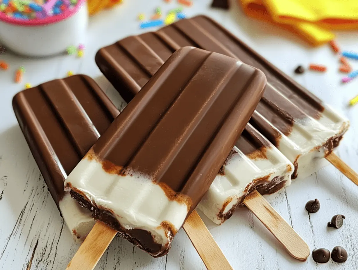 Chocolate and vanilla popsicles on a white wooden surface with sprinkles and chocolate chips.