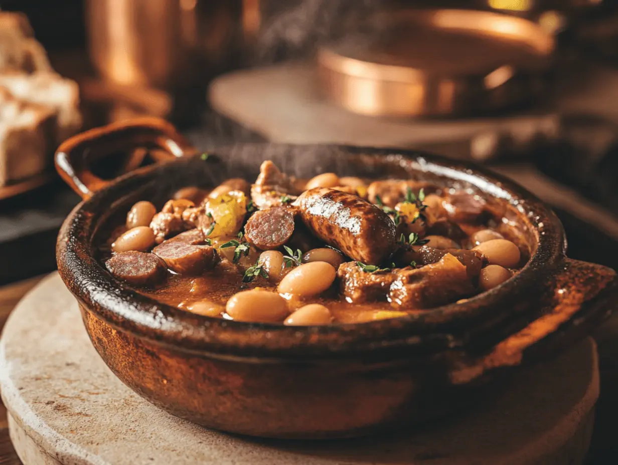 Rustic cassoulet with sausage, beans, and herbs in a clay pot.