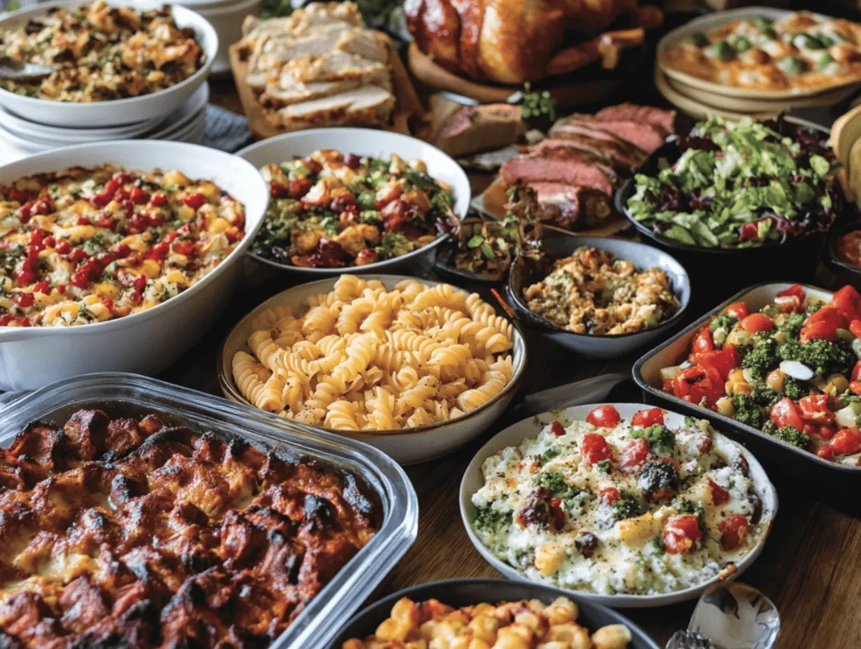 Feast with pasta, casseroles, salads, and roasted meats for a crowd.