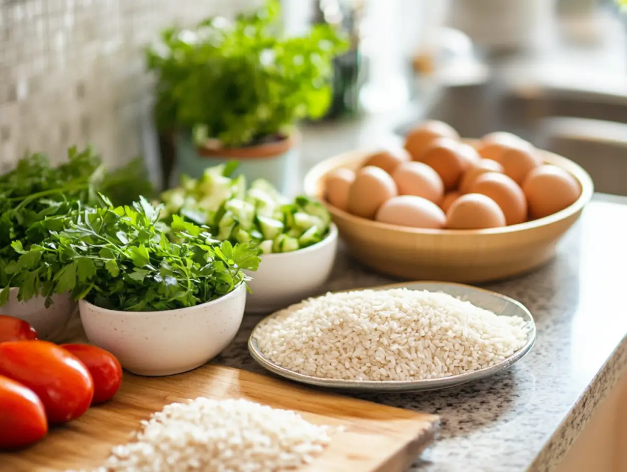 Fresh parsley, tomatoes, cucumbers, eggs, and rice on a kitchen countertop.