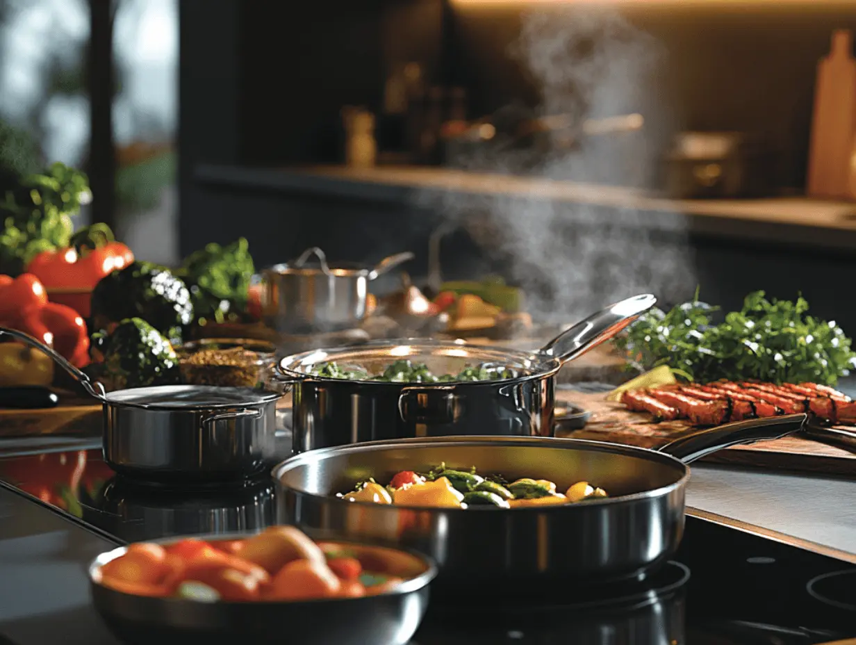 Steaming Cook pots, fresh vegetables, and grilled food in a modern kitchen.