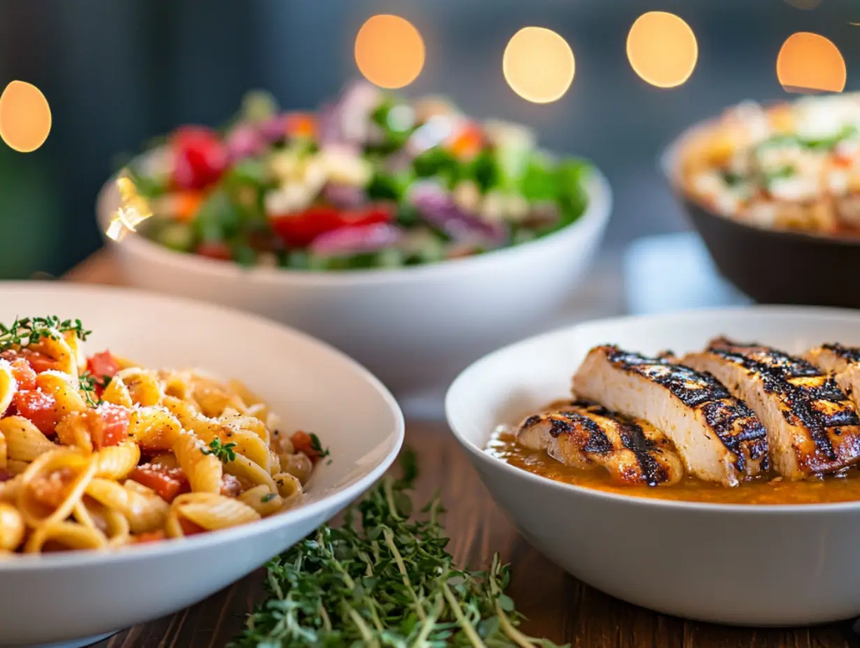 Grilled chicken, pasta, and fresh salads served in bowls for dinner.