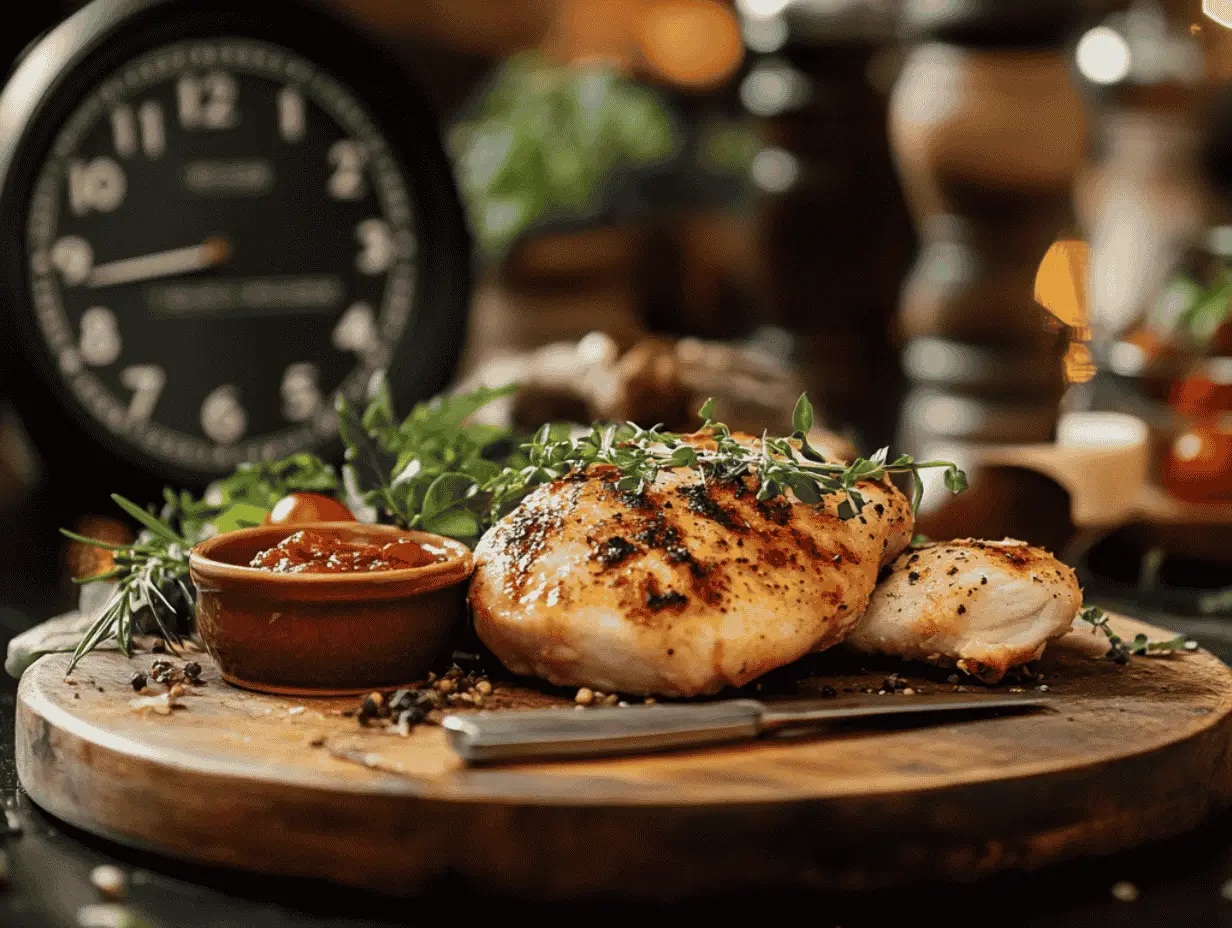 Grilled chicken with herbs and dipping sauce on a wooden board.