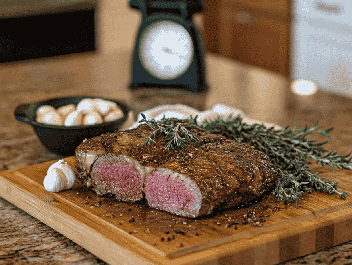 Tri-tip roast with a pink center, garnished with rosemary, garlic, and mushrooms.