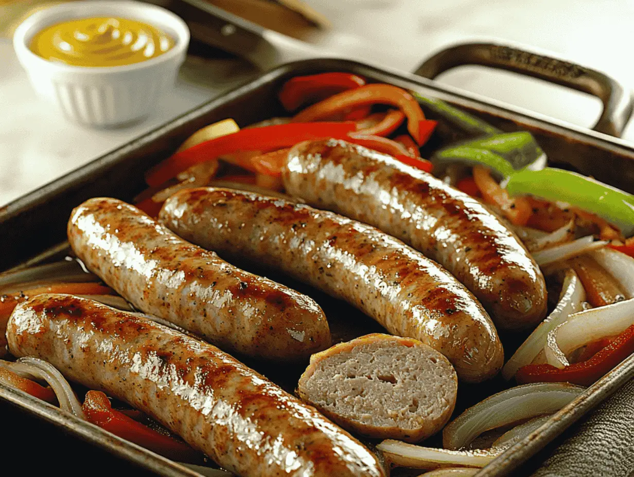 Roasted bratwurst sausages with peppers and onions, accompanied by mustard.