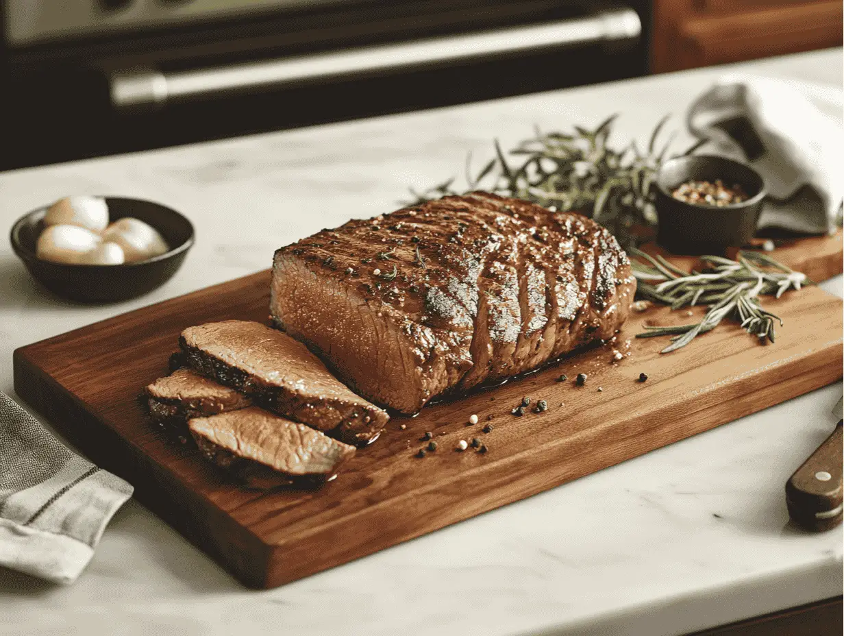 Sliced London broil with rosemary and peppercorns on a cutting board.