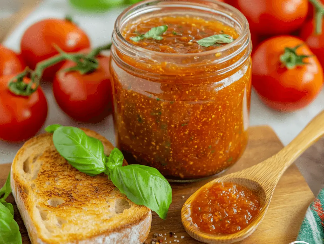 Tomato jam in a jar with basil, toast, and fresh tomatoes.