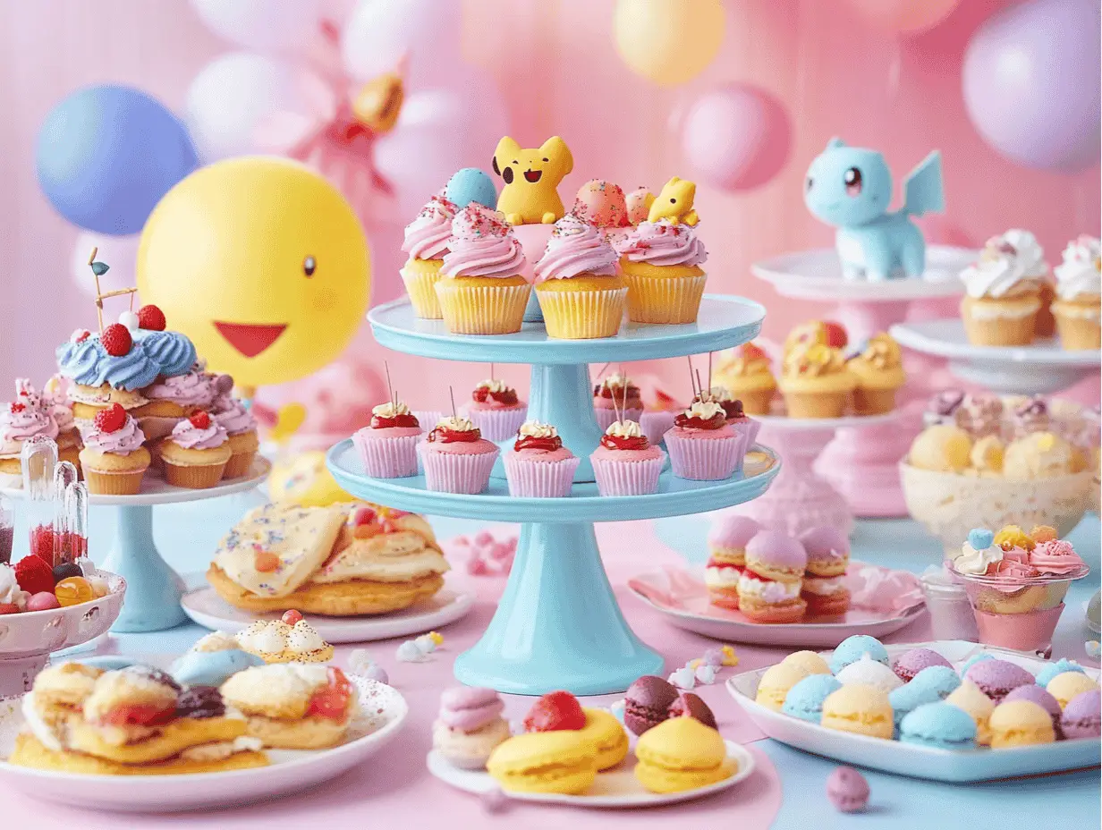 Pokémon-themed dessert table with cupcakes, macarons, and pastries, decorated with Pikachu and Squirtle.