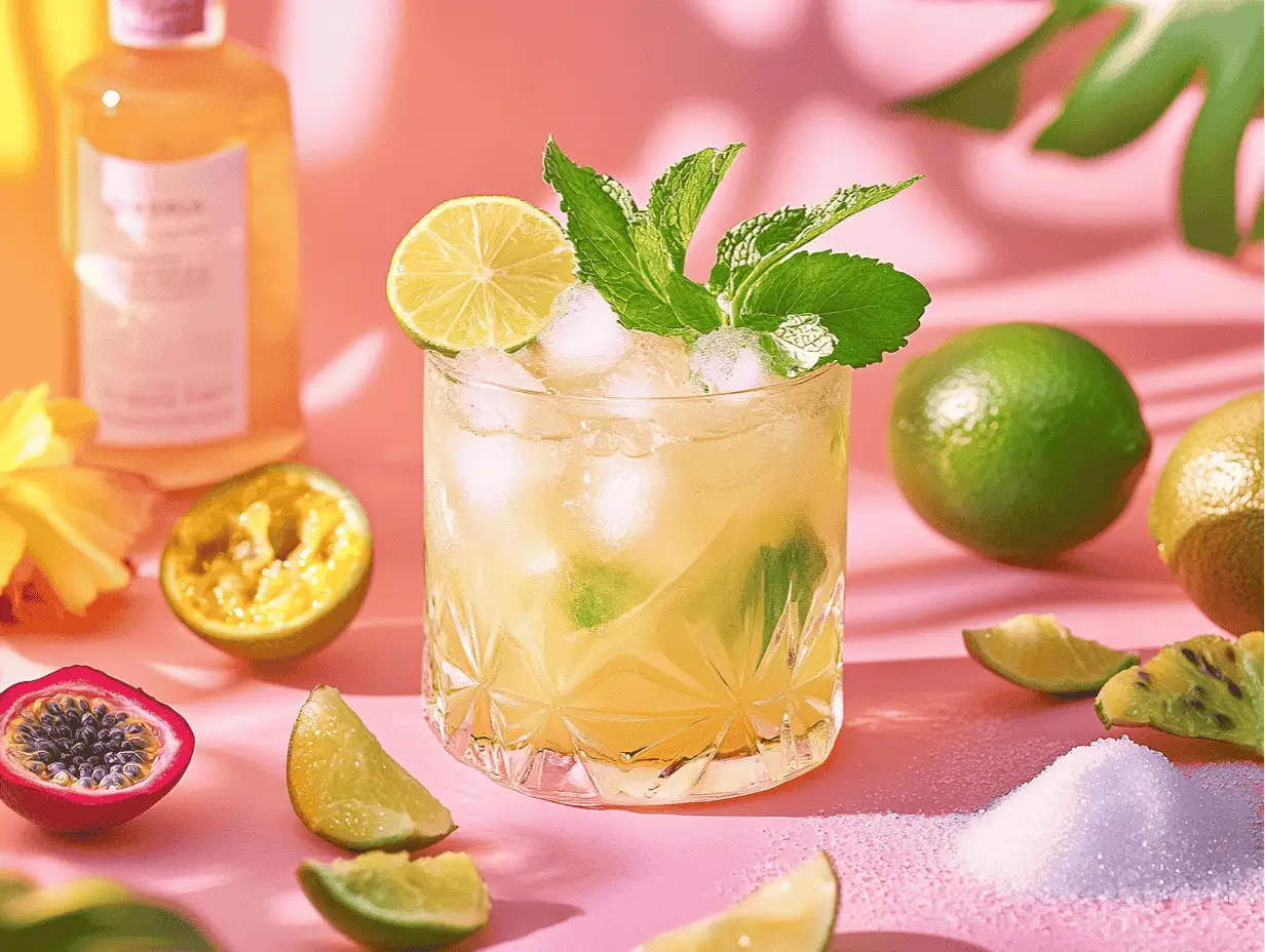 Caipirinha cocktail with lime and mint garnishes on a pink background with tropical fruits.