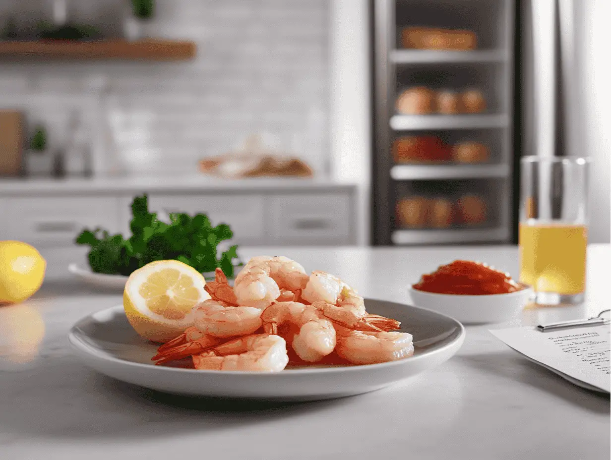 Cooked shrimp with lemon and cocktail sauce on a kitchen counter.