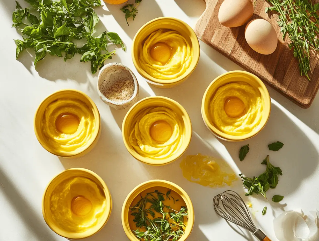 Egg yolks in bowls with fresh herbs and kitchen tools.