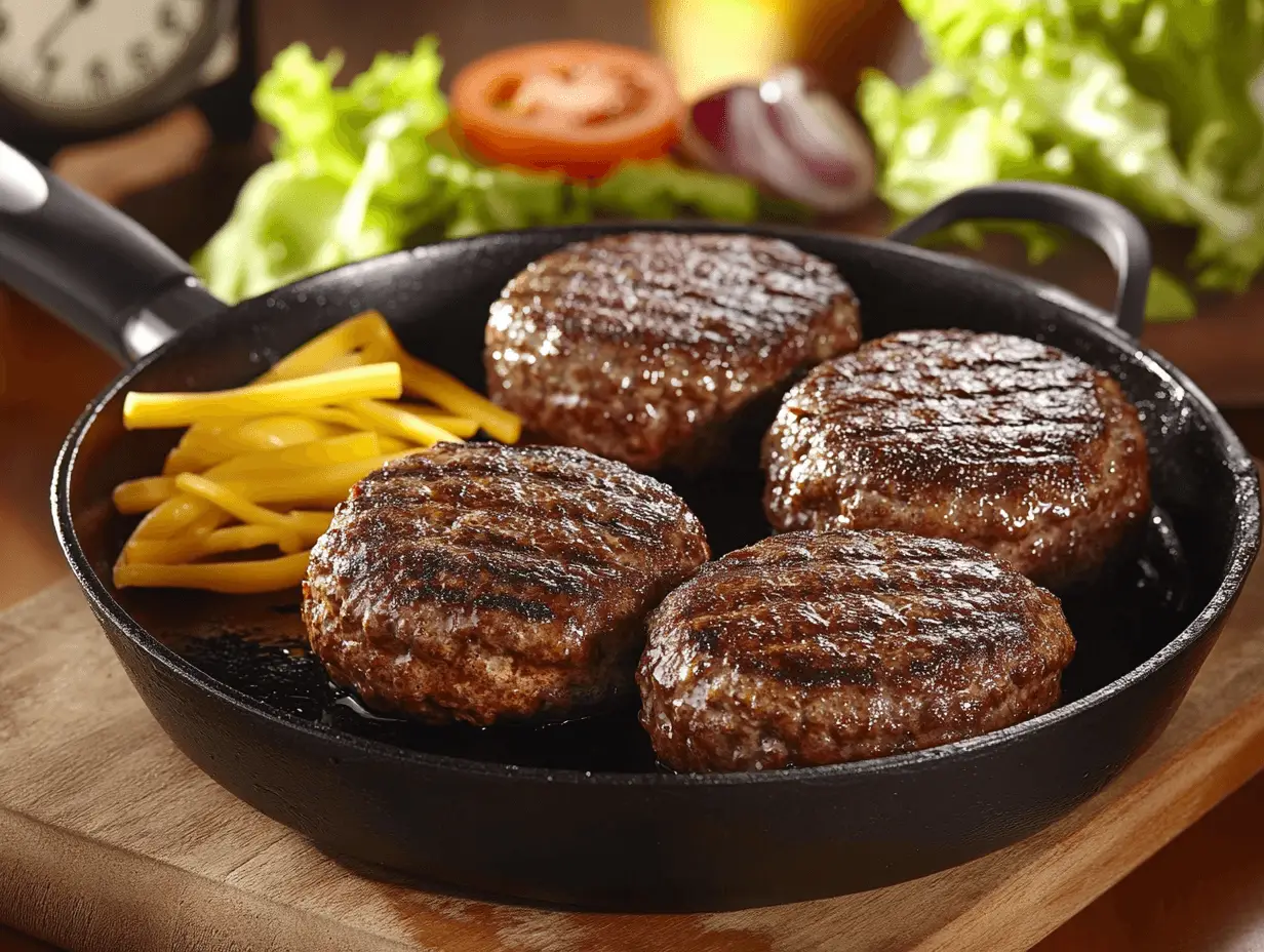 Beef burgers in a skillet with cheddar cheese and fresh toppings.