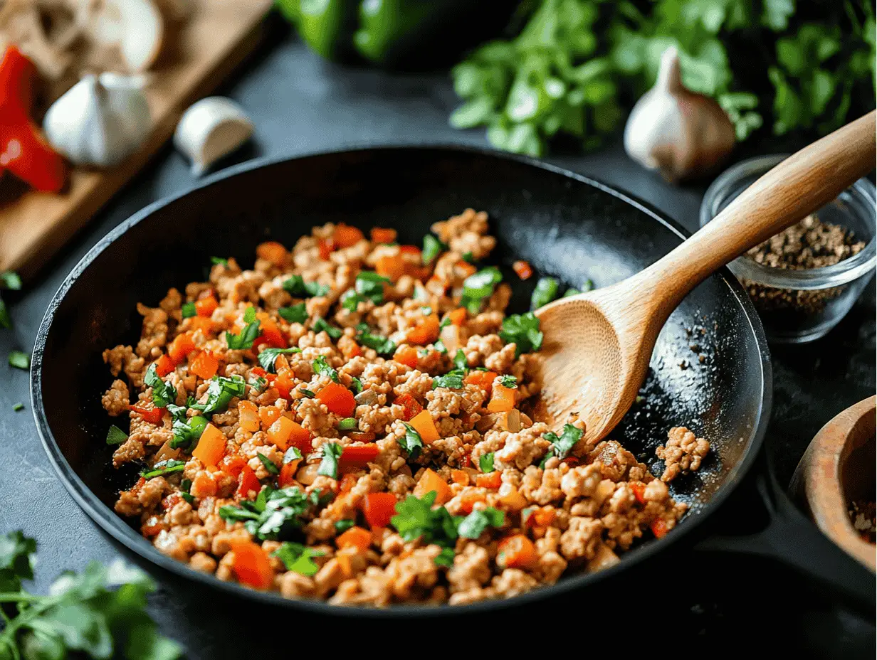 Ground turkey with bell peppers and parsley in a skillet.