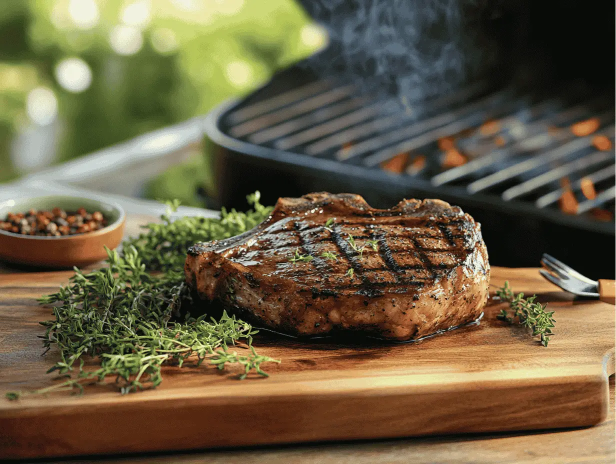 Grilled Tomahawk steak with char marks, garnished with thyme, next to a barbecue grill.