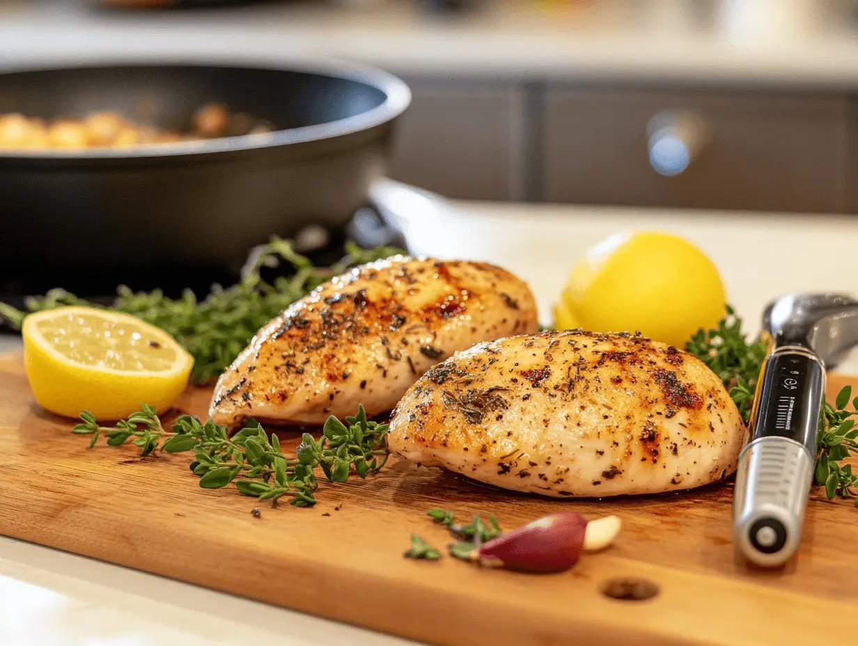 Juicy seasoned chicken breasts with thyme, garlic, and lemon on a wooden board.