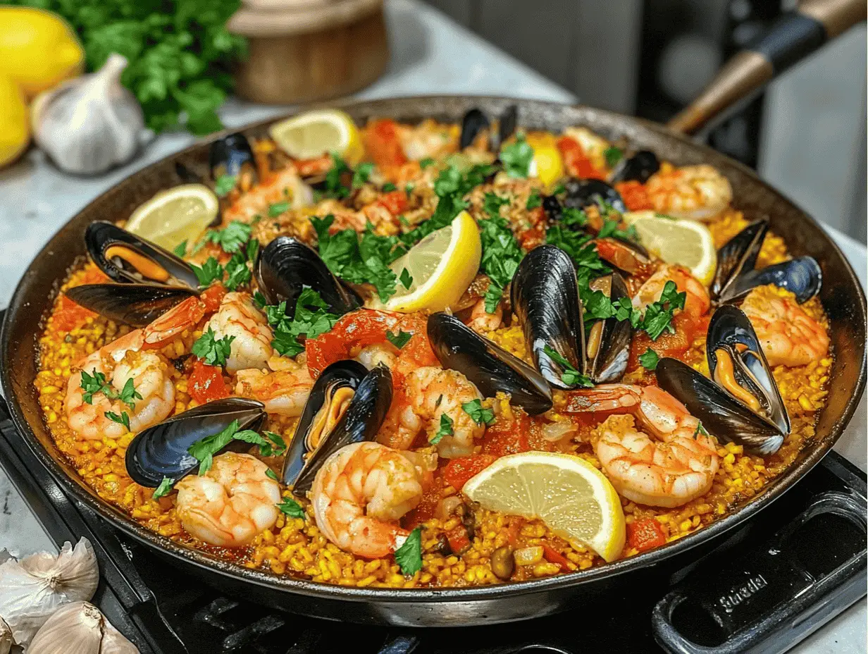 Authentic Spanish paella with shrimp, mussels, lemon wedges, and parsley in a skillet.