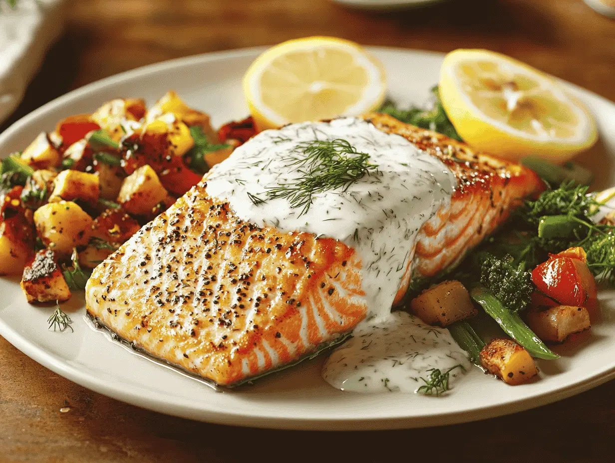 Grilled salmon with dill sauce, roasted vegetables, and lemon slices on a dinner plate.