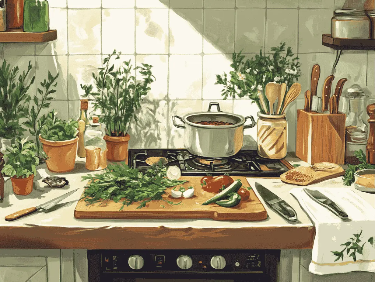 Kitchen with herbs, vegetables, and a pot simmering on the stove.