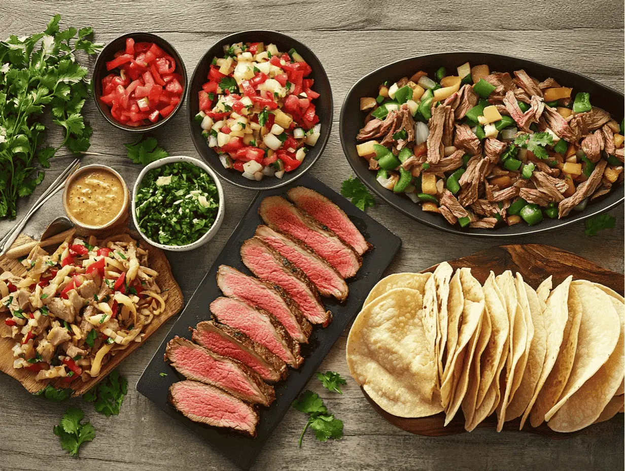 Taco ingredients with roast beef, salsa, and tortillas for a flavorful meal.