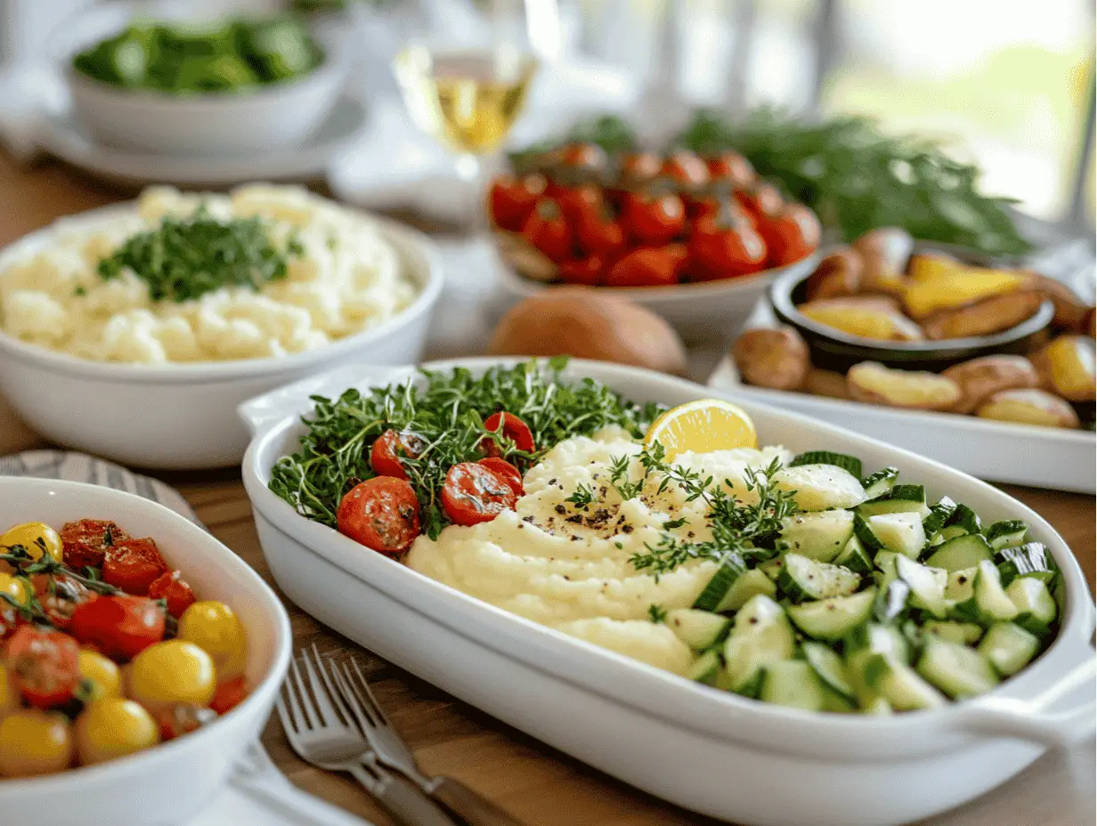 Assorted side dishes including mashed potatoes, roasted tomatoes, zucchini, and crispy potatoes.