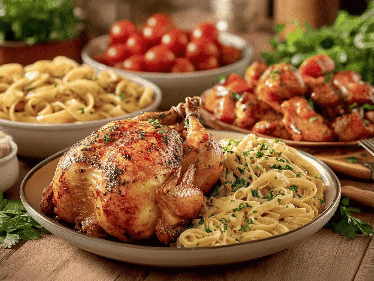 Roasted chicken with fettuccine pasta and vegetables on a plate.