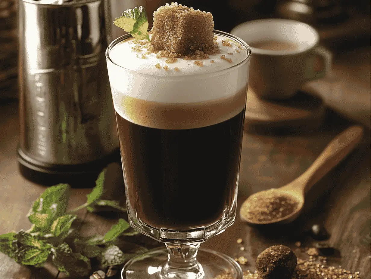 Brown sugar shaken espresso with frothy cream, sugar cube garnish, and mint leaves.