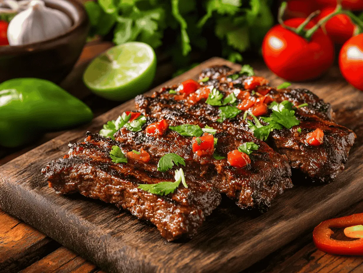 Grilled chipotle steak with salsa and cilantro on a wooden board