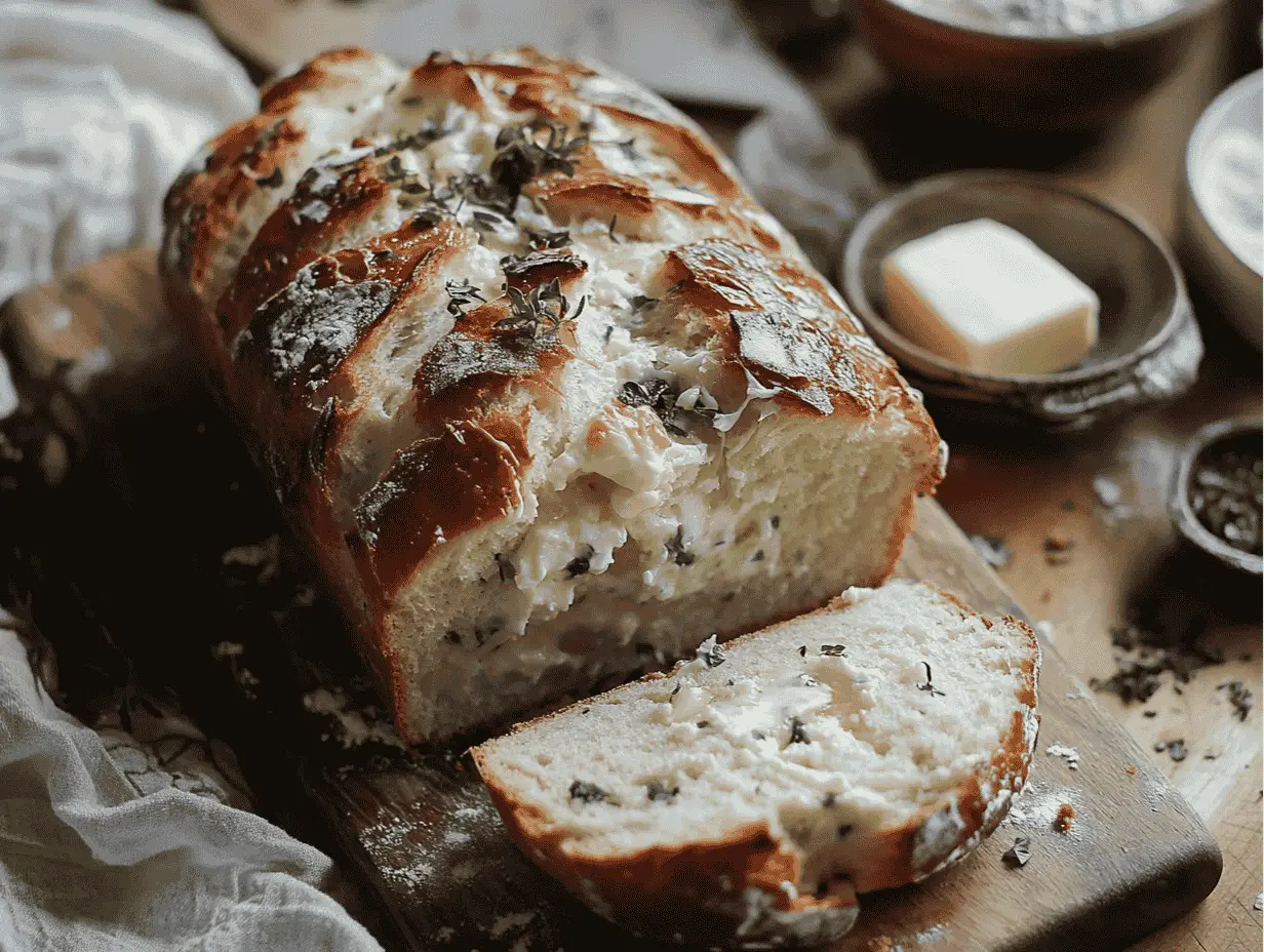 Cottage cheese bread with herbs on a wooden board.