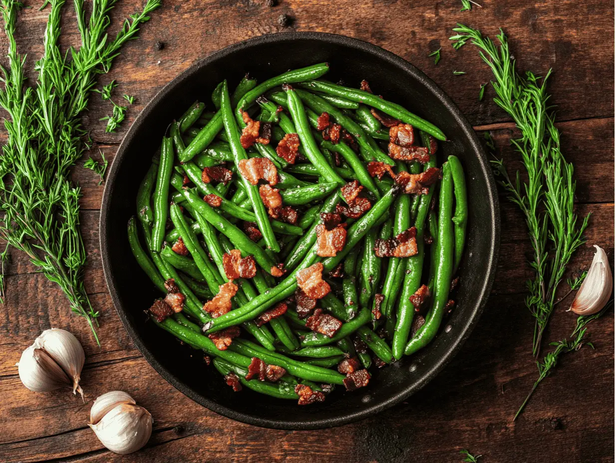 Green beans with crispy bacon in a skillet on a wooden table.