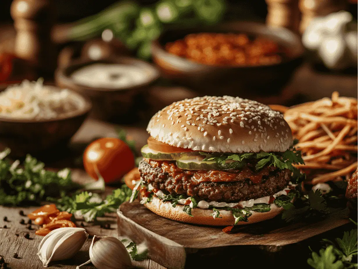 Ground bison burger with toppings, sesame bun, and fries on a rustic table.