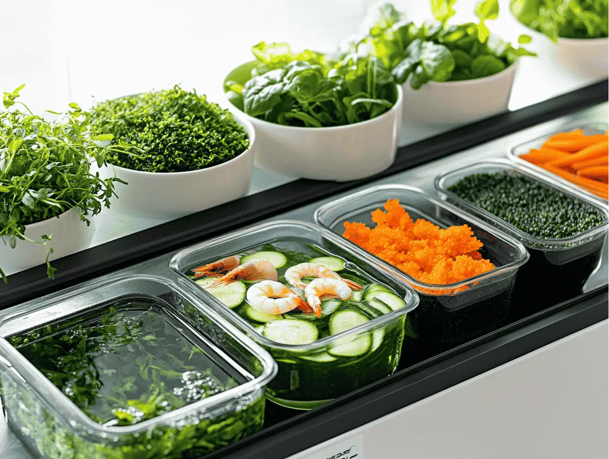 Fresh salad ingredients with greens, shrimp, and fish roe in containers.