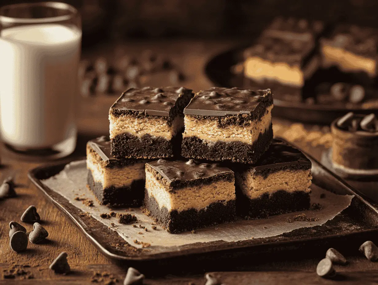 Brookie bars with chocolate glaze served with milk.