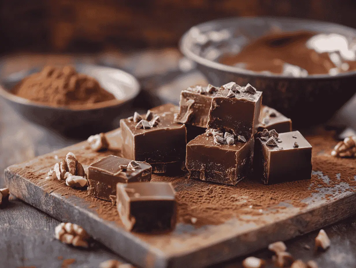 Homemade chocolate fudge with nuts on a wooden board.