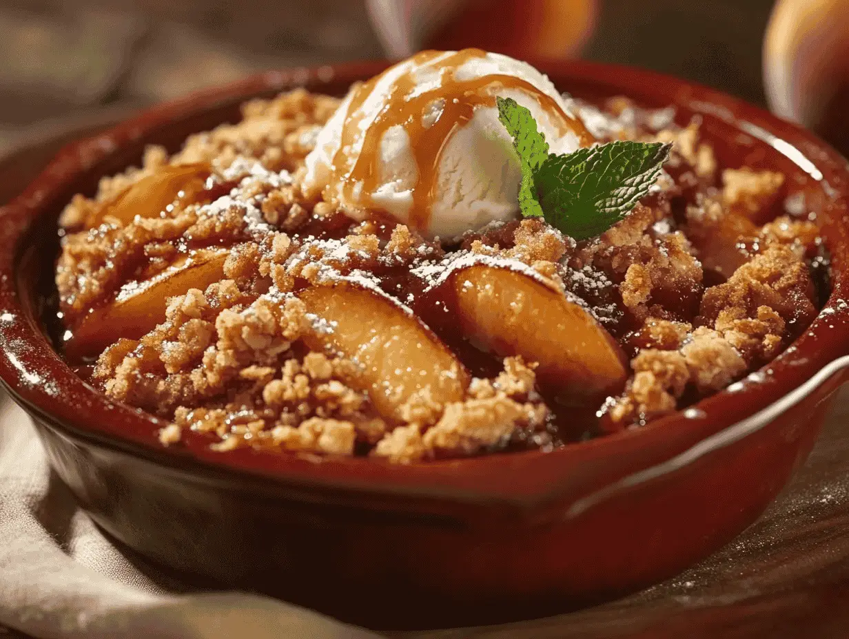 Peach crumble with ice cream and caramel drizzle.