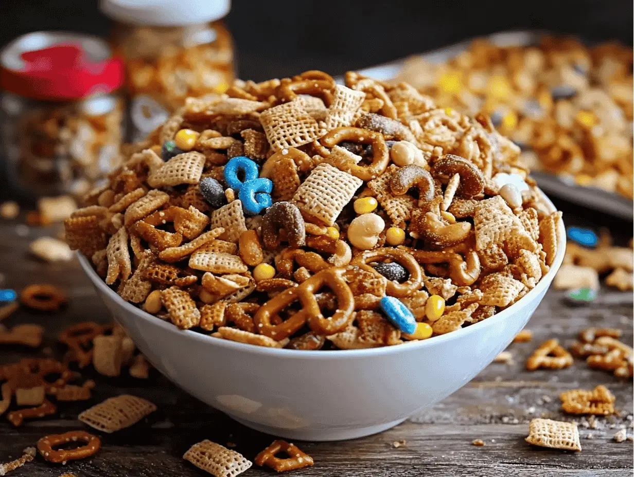 Chex mix with pretzels and candies in a white bowl.