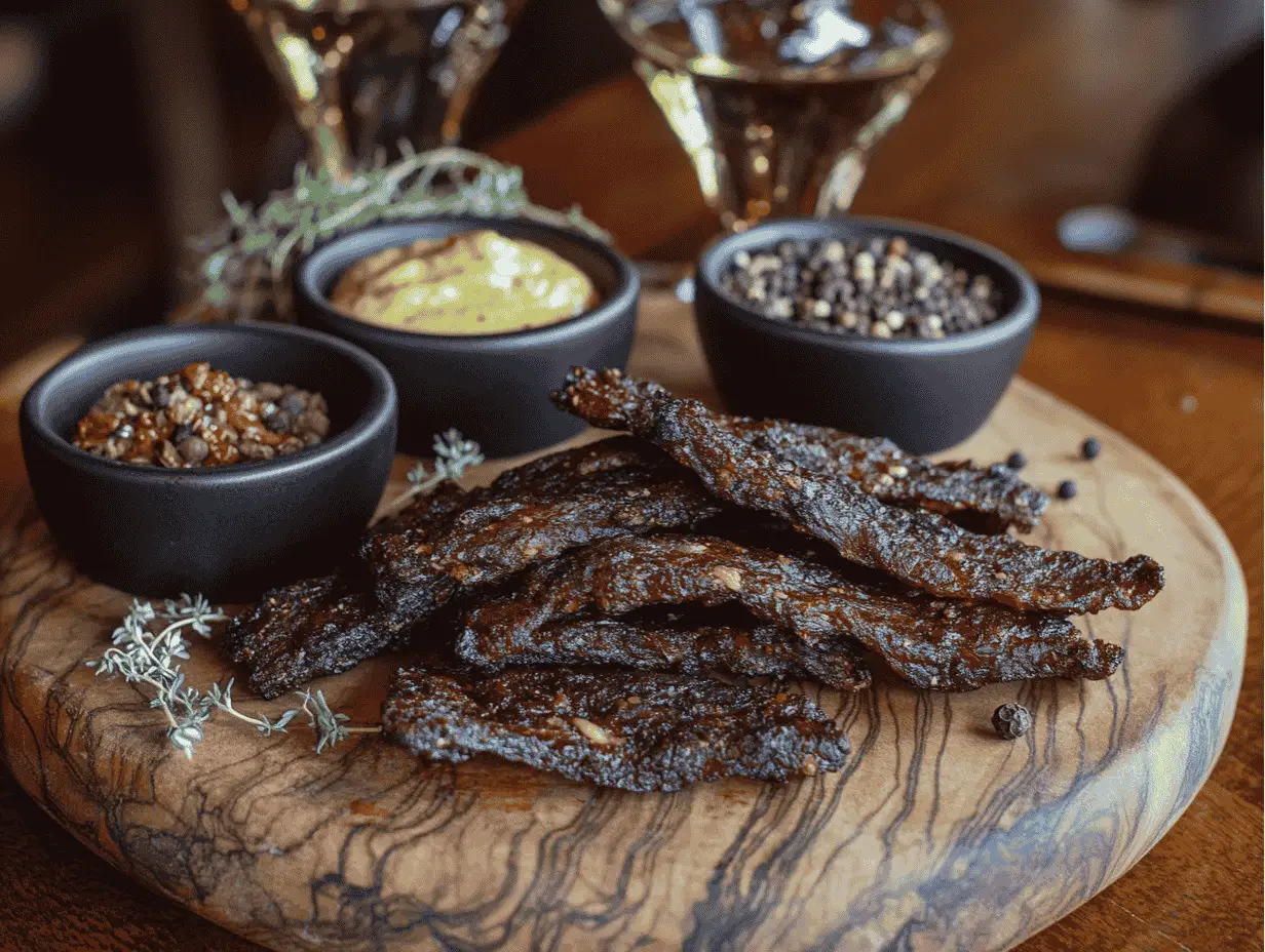 Deer jerky on a wooden platter with dipping sauces and spices.