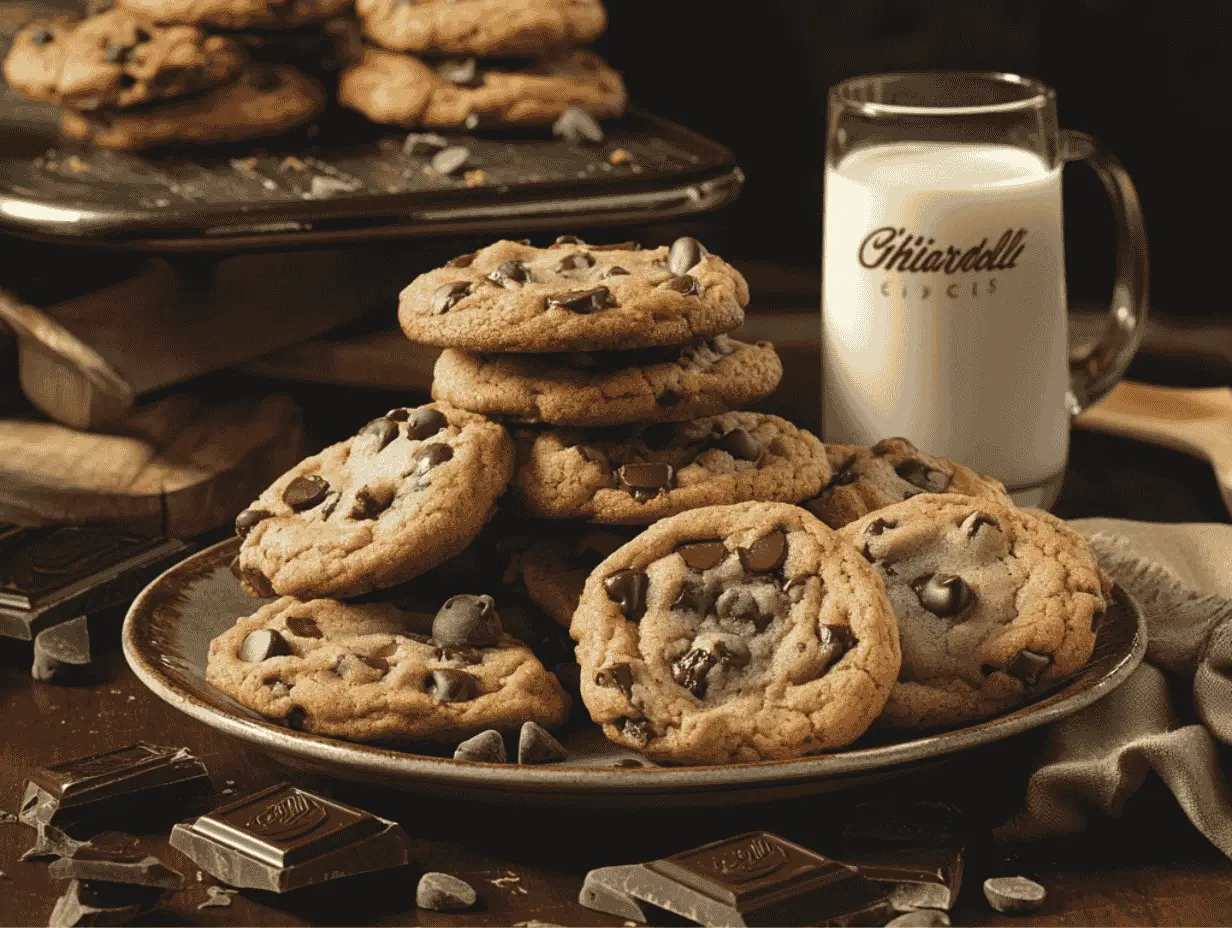 Chocolate chip cookies with Ghirardelli milk on a plate.