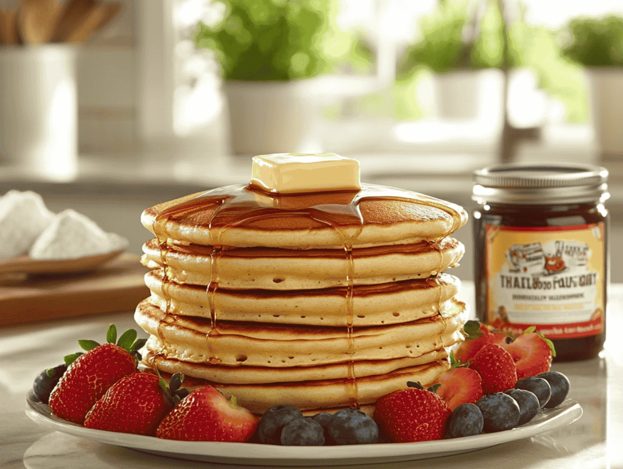 Fluffy pancakes with butter, syrup, and fresh berries.