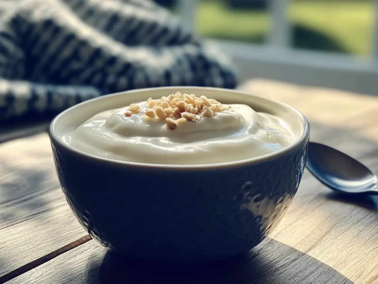 Creamy soy yogurt with sesame seeds in a bowl on a wooden table.