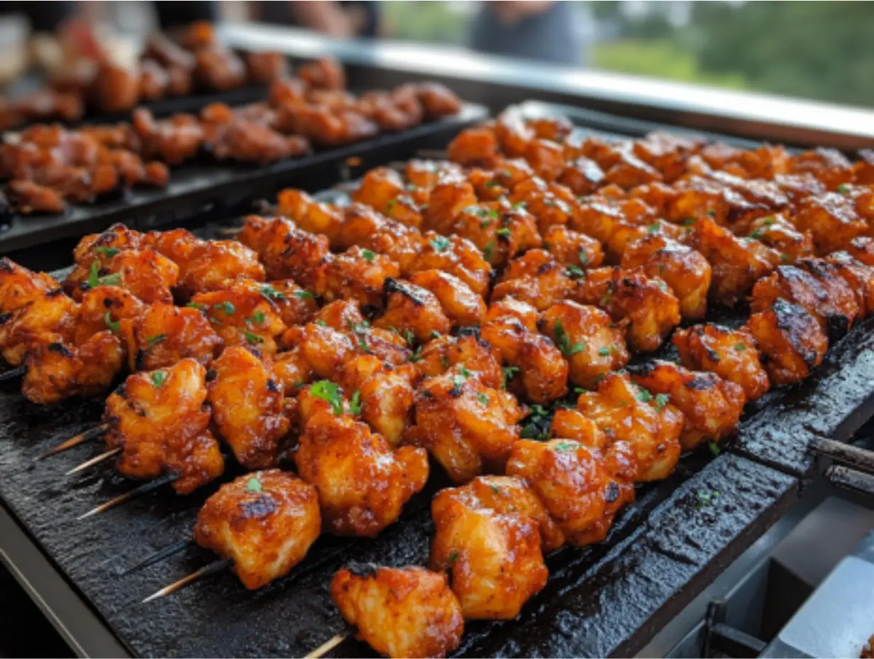 Grilled chicken skewers with a glaze on a Blackstone grill.