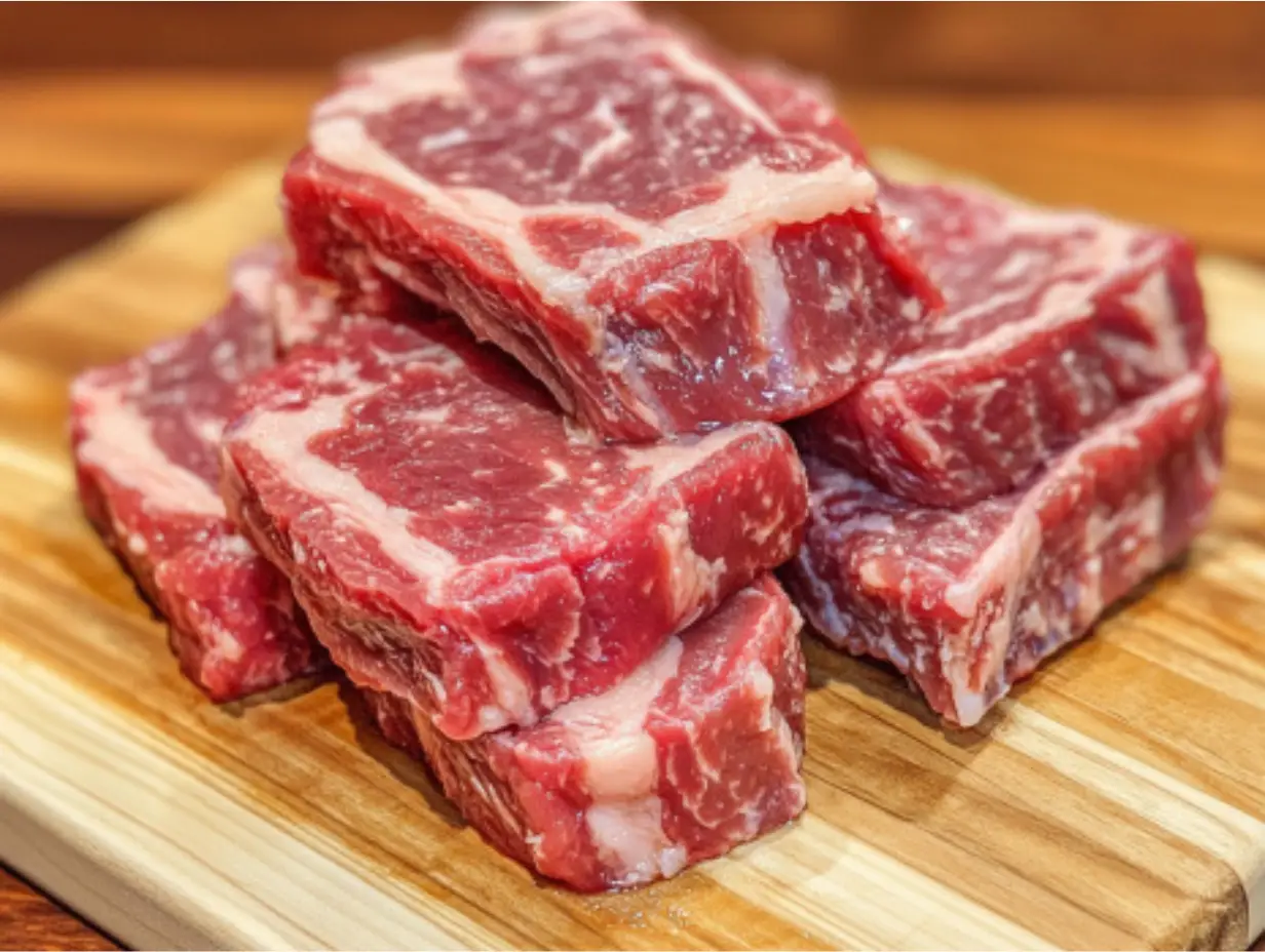 Boneless beef short ribs stacked on a wooden cutting board.