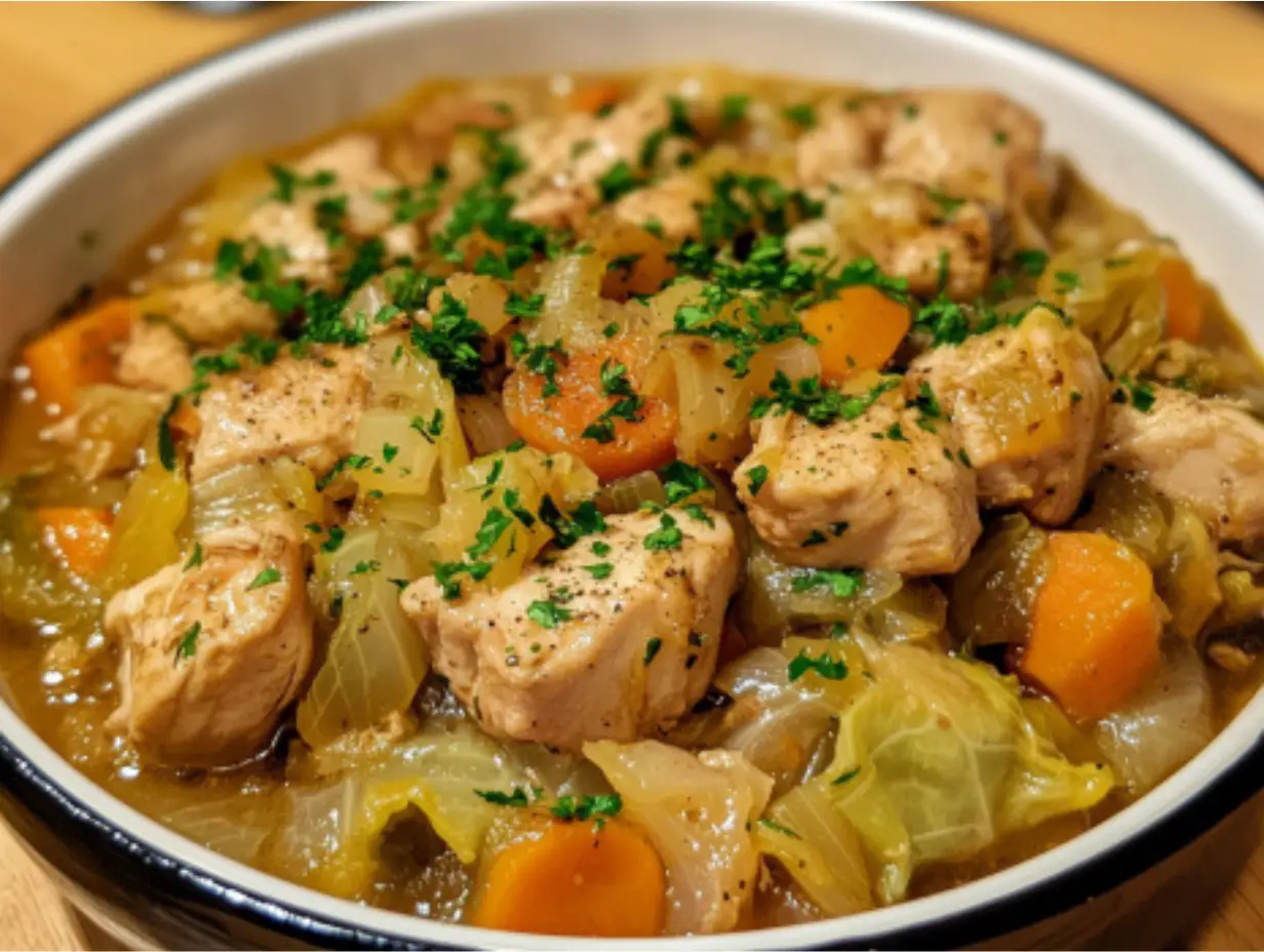 Chicken, cabbage, and carrots in a flavorful broth, garnished with parsley.