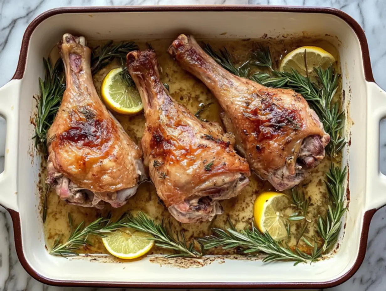 Roasted turkey legs with lemon and rosemary in a baking dish.